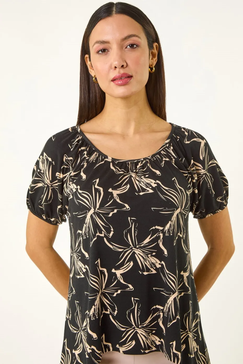 Roman Black Leaf Print Asymmetric Stretch Tunic Top