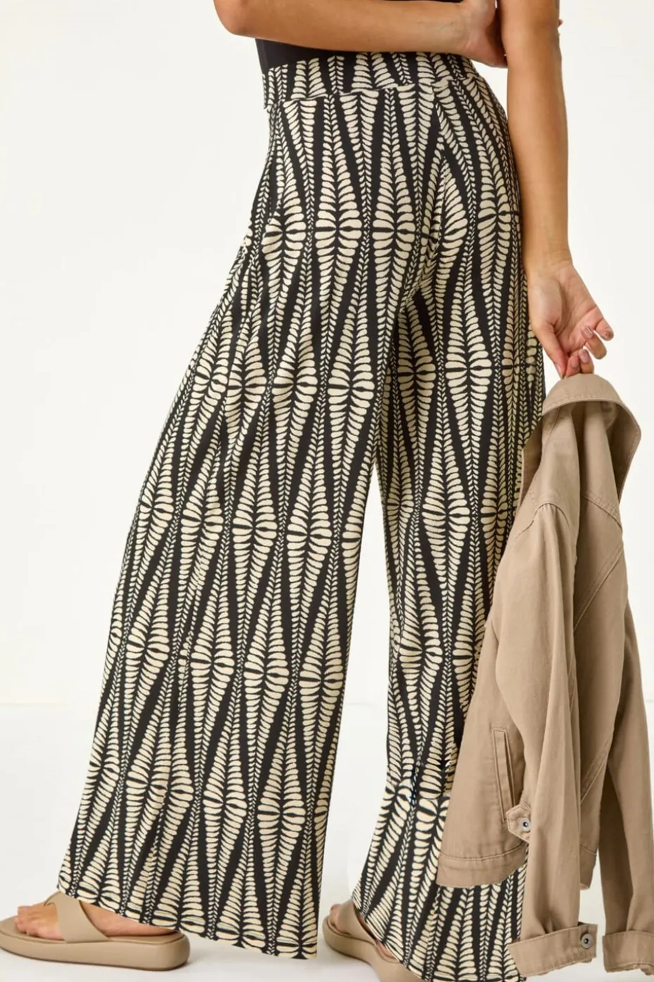 Roman Black Mono Print Wide Leg Stretch Trouser