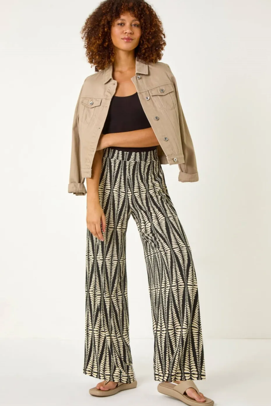 Roman Black Mono Print Wide Leg Stretch Trouser