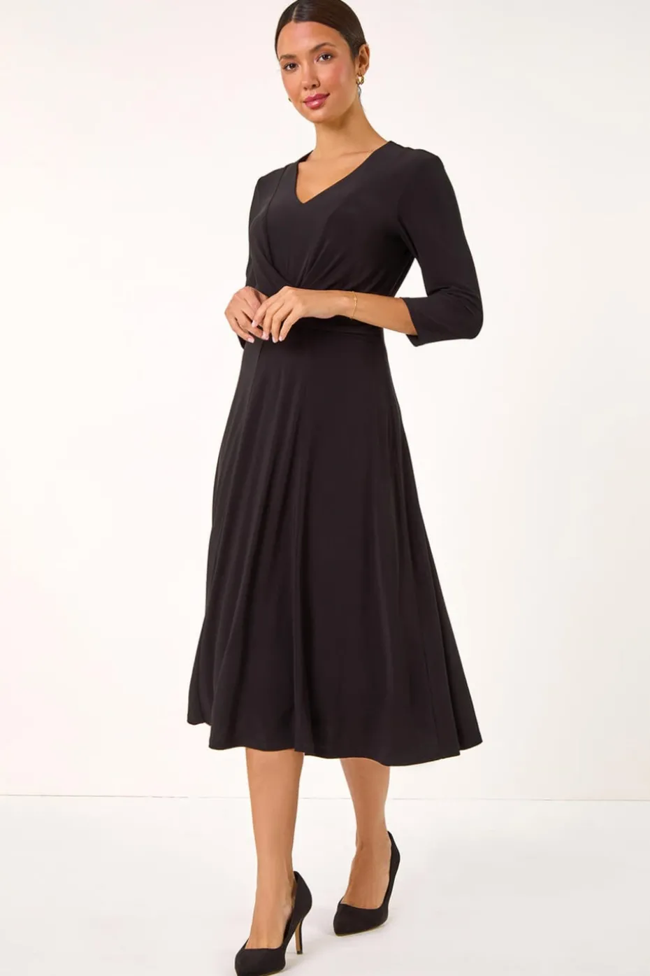 Roman Black Stretch Crossover Midi Dress
