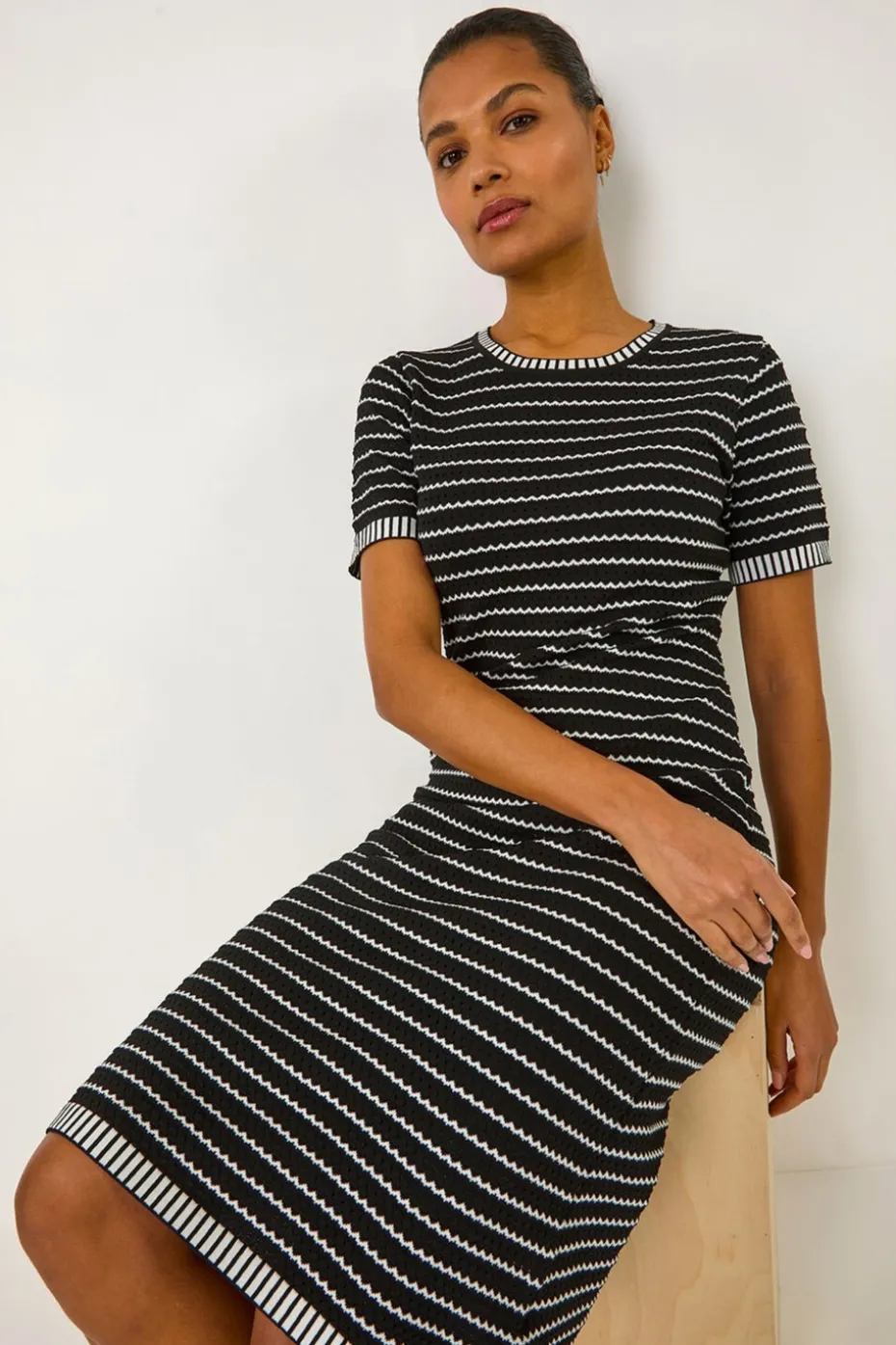 Roman Black Stripe Print Knitted Dress