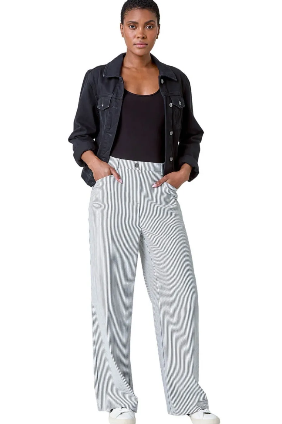Roman Black Stripe Wide Leg Stretch Trousers