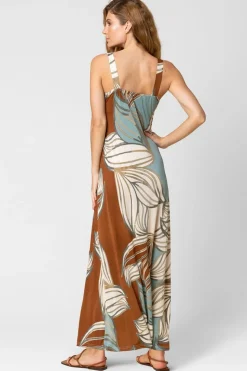 Roman Blue Abstract Leaf Print V Neck Maxi Dress