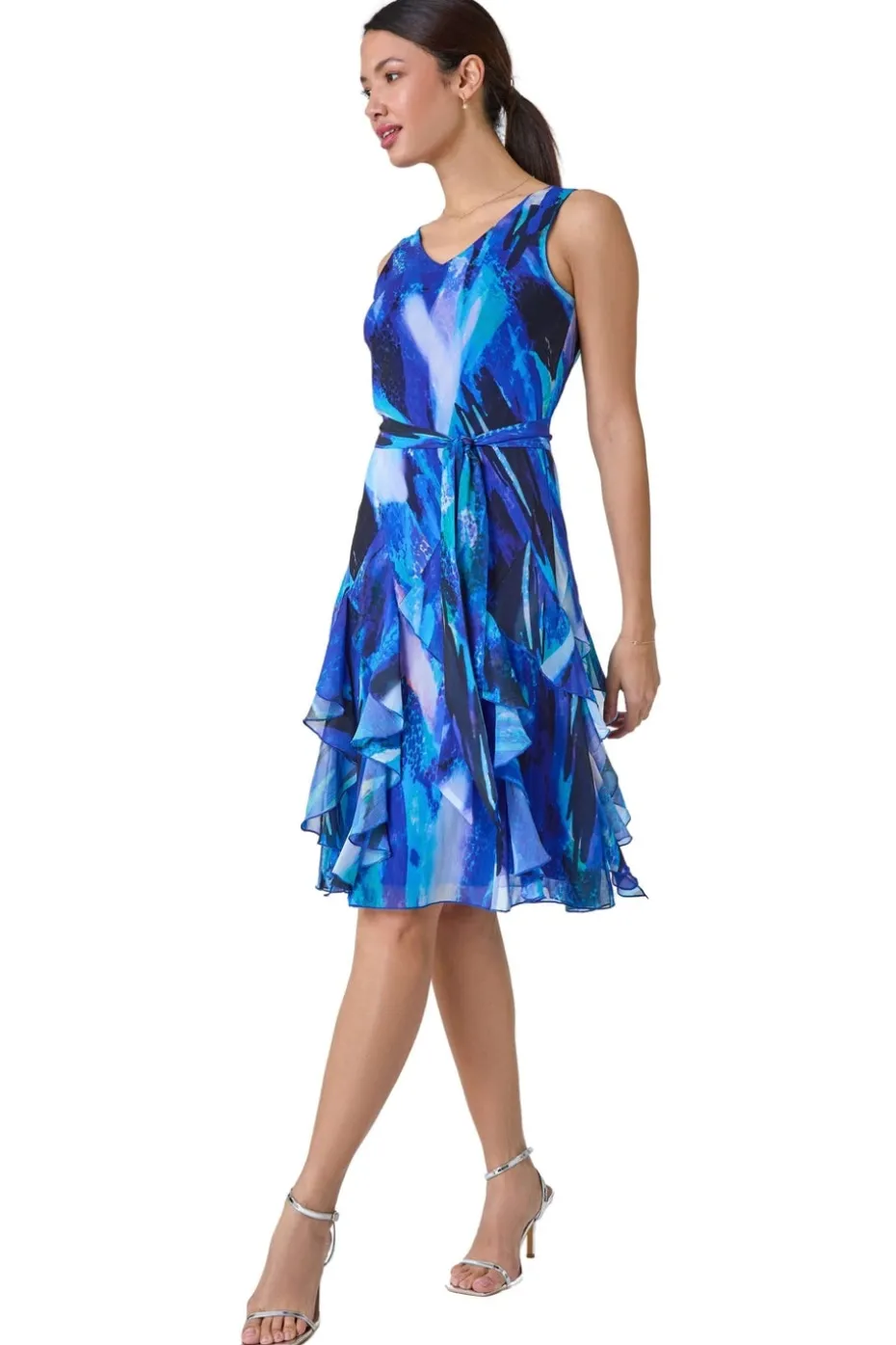 Roman Blue Abstract Print Frill Detail Dress