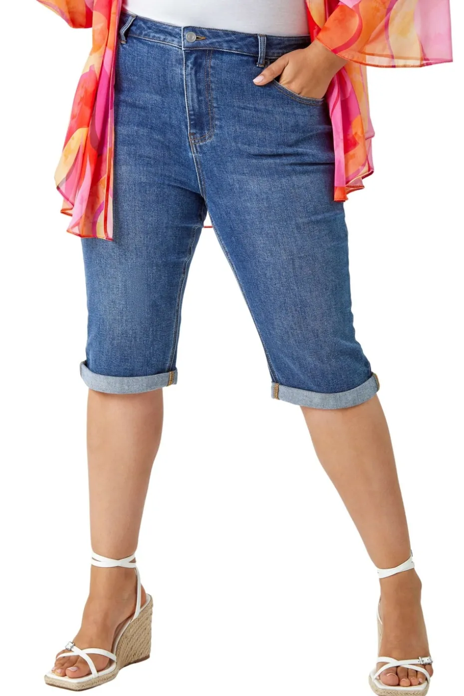 Roman Blue Curve Stretch Knee Length Denim Shorts