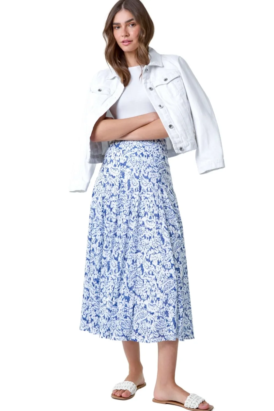 Roman Blue Elastic Waist Paisley A Line Midi Skirt