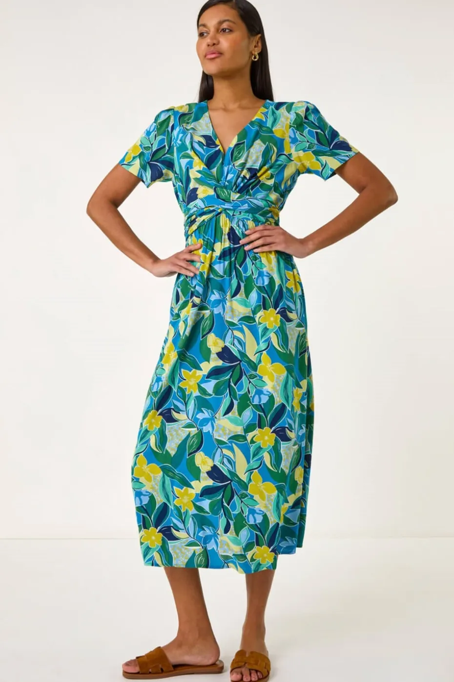 Roman Blue Floral Print Crossover Midi Dress