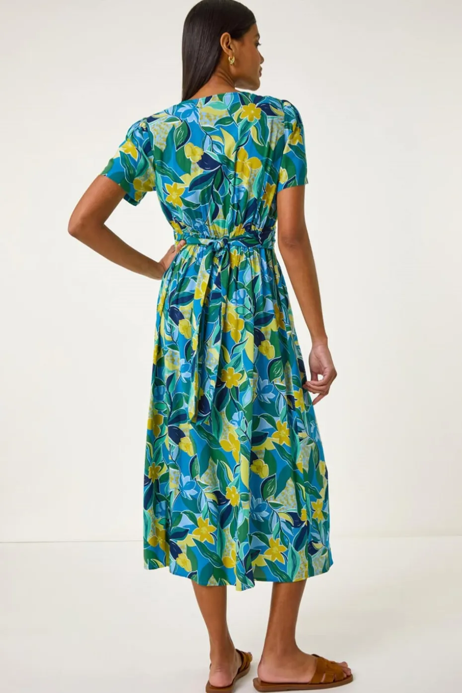 Roman Blue Floral Print Crossover Midi Dress