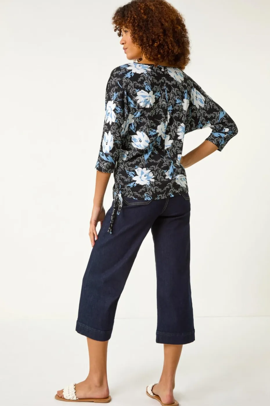 Roman Blue Floral Print Side Tie Stretch Top