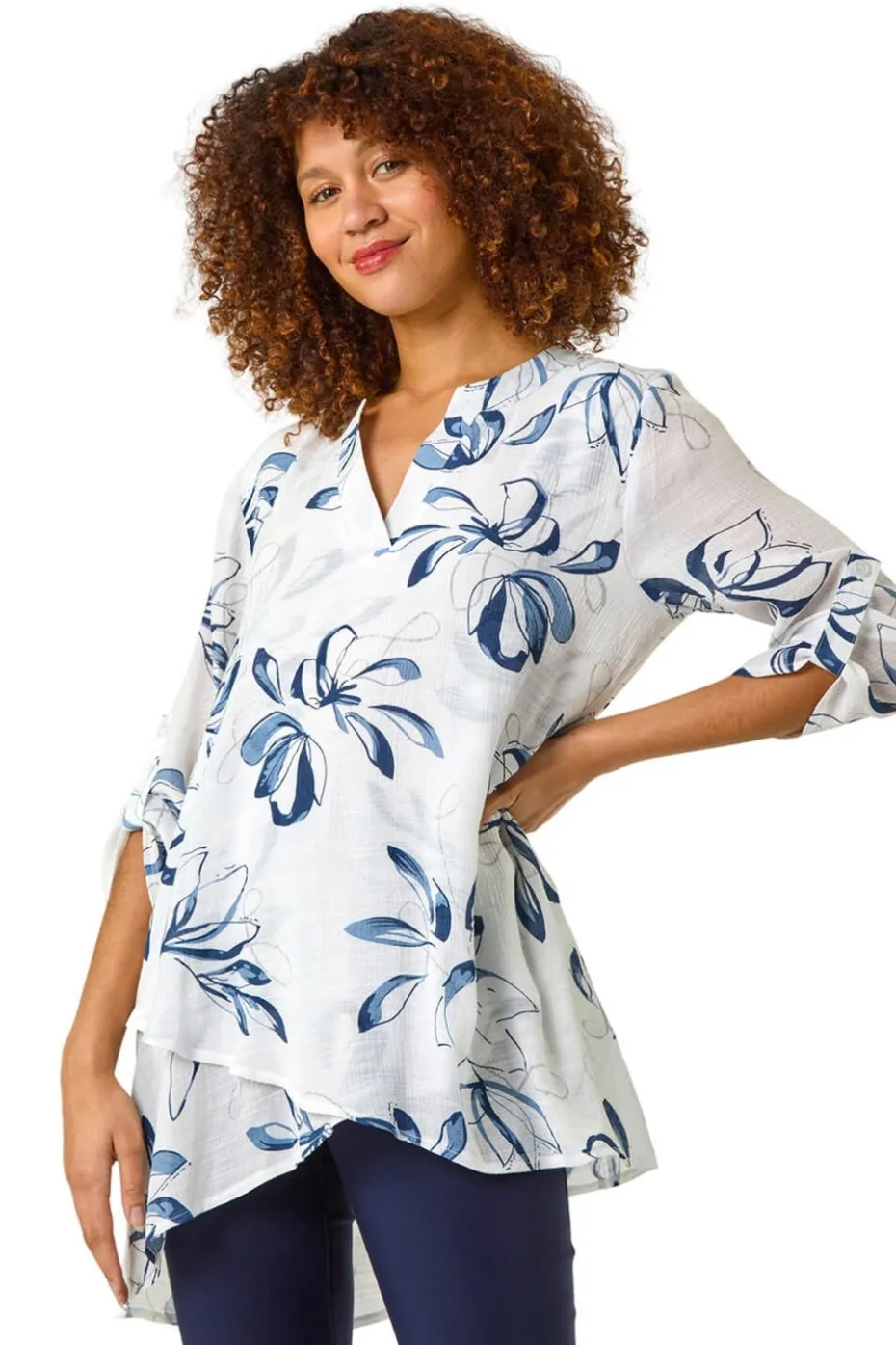 Roman Blue Floral Print Wrapped Hem Top