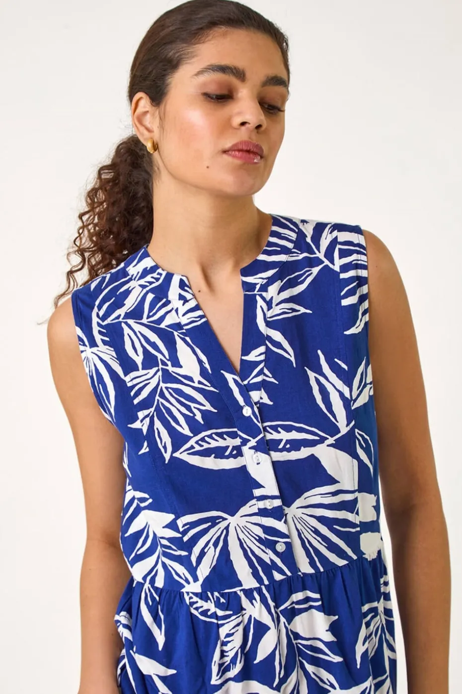 Roman Blue Leaf Print Midi Dress