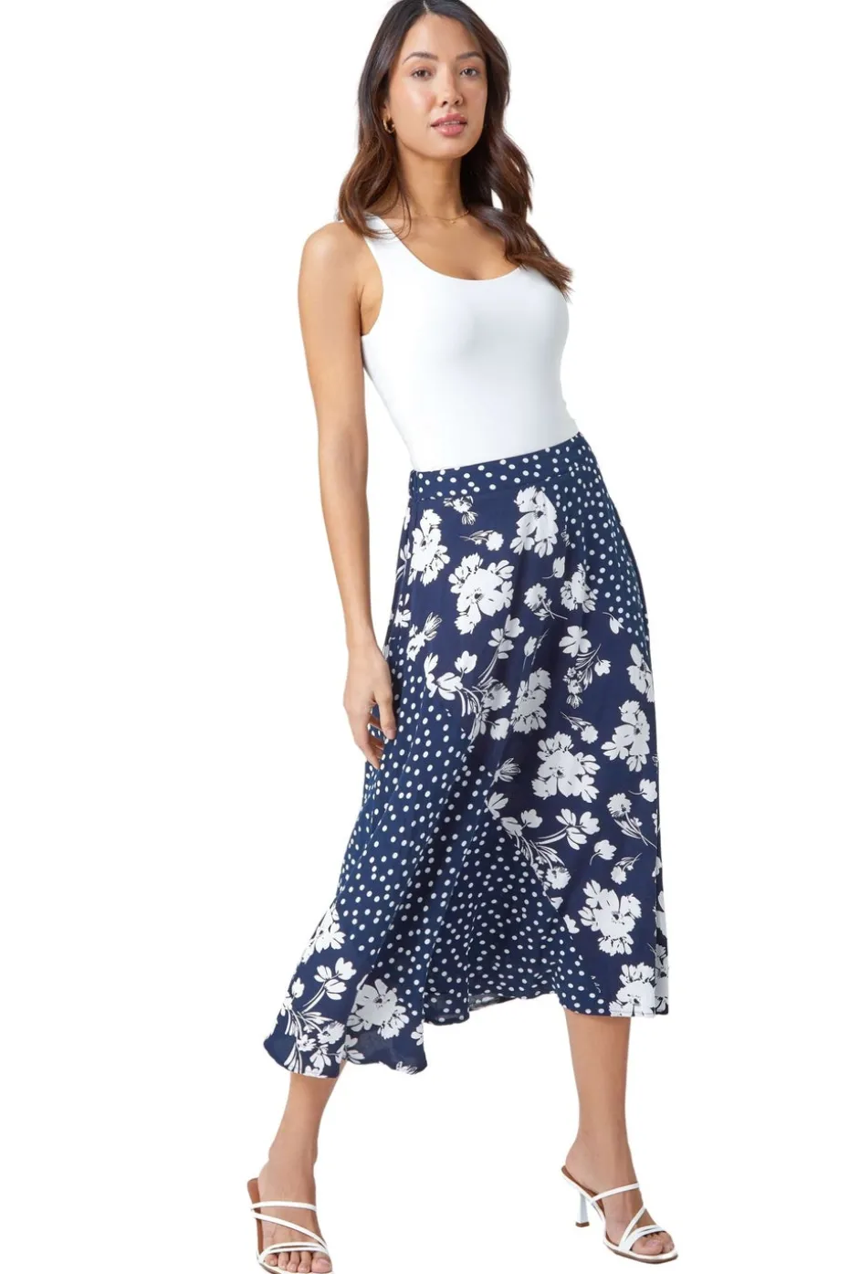 Roman Blue Mixed Floral Spot Print A Line Midi Skirt