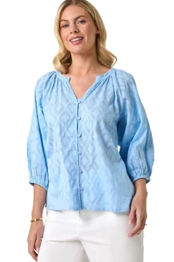 Roman Blue Petite Textured  V-Neck Cotton Blouse