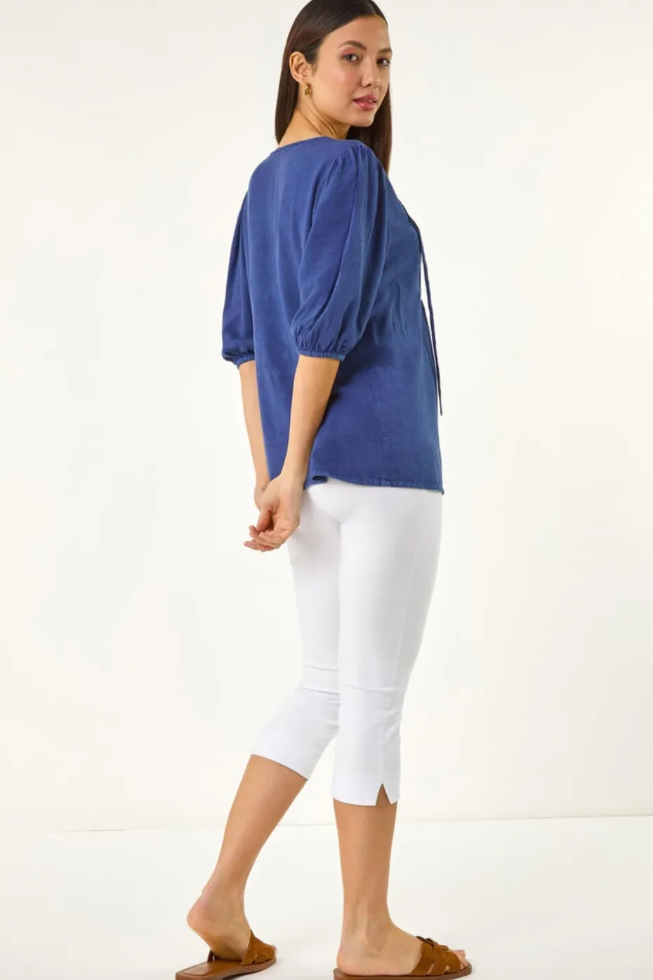 Roman Blue Pleated Tie Neck Top
