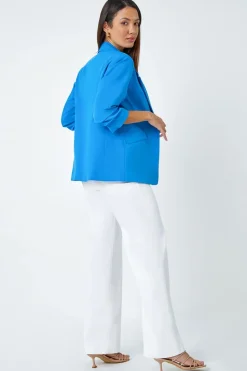 Roman Blue Ruched 3/4 Sleeve Stretch Blazer