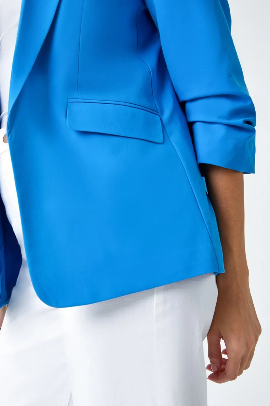 Roman Blue Ruched 3/4 Sleeve Stretch Blazer