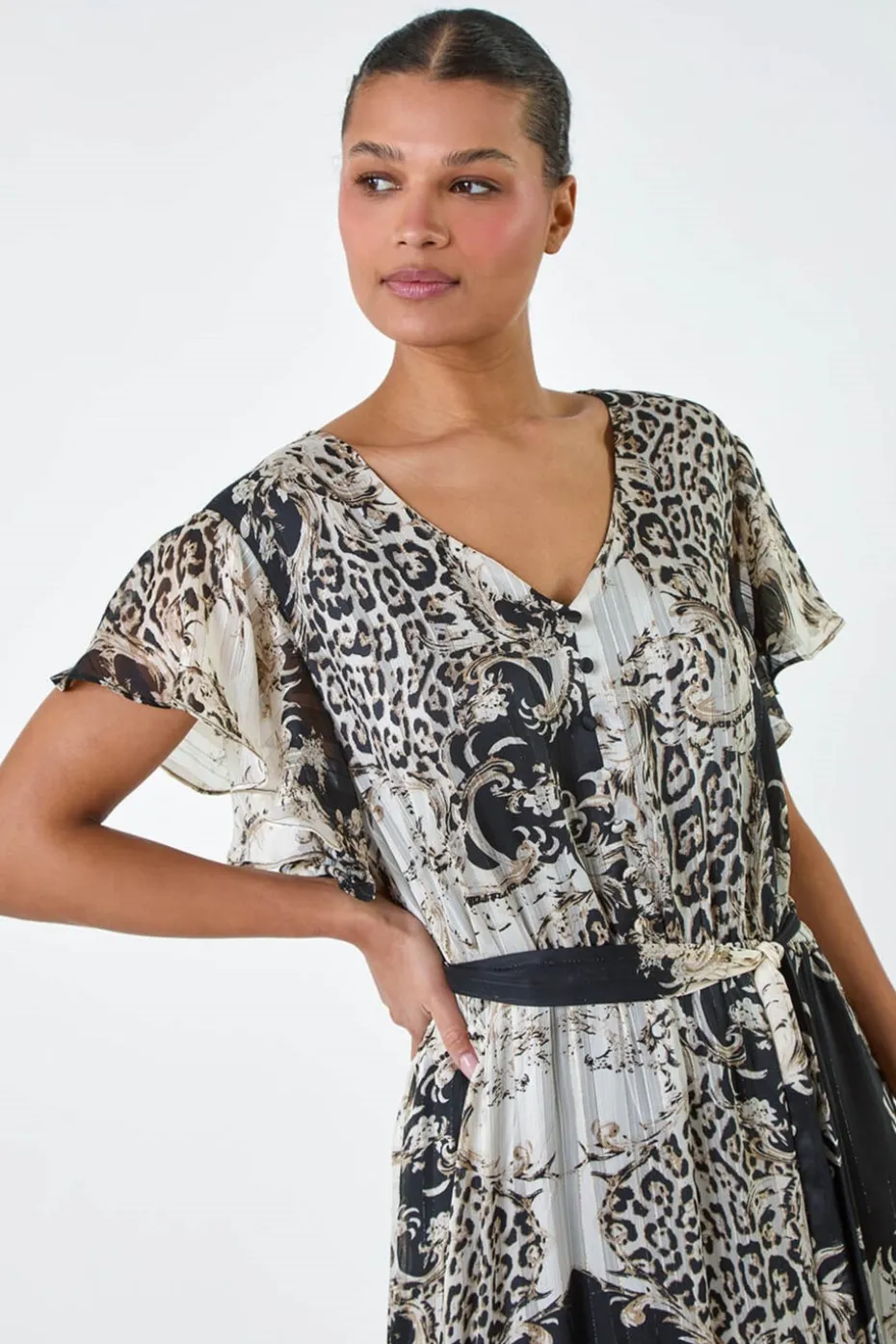 Roman Brown Animal Print Shimmer Tiered Maxi Dress