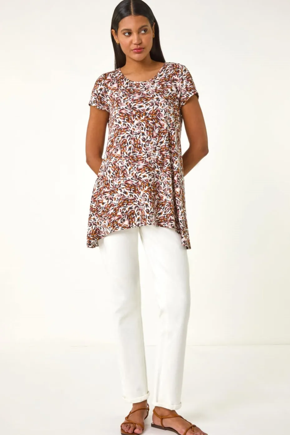 Roman Brown Animal Print Hanky Hem Stretch Top
