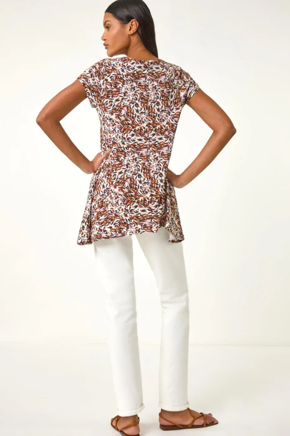 Roman Brown Animal Print Hanky Hem Stretch Top