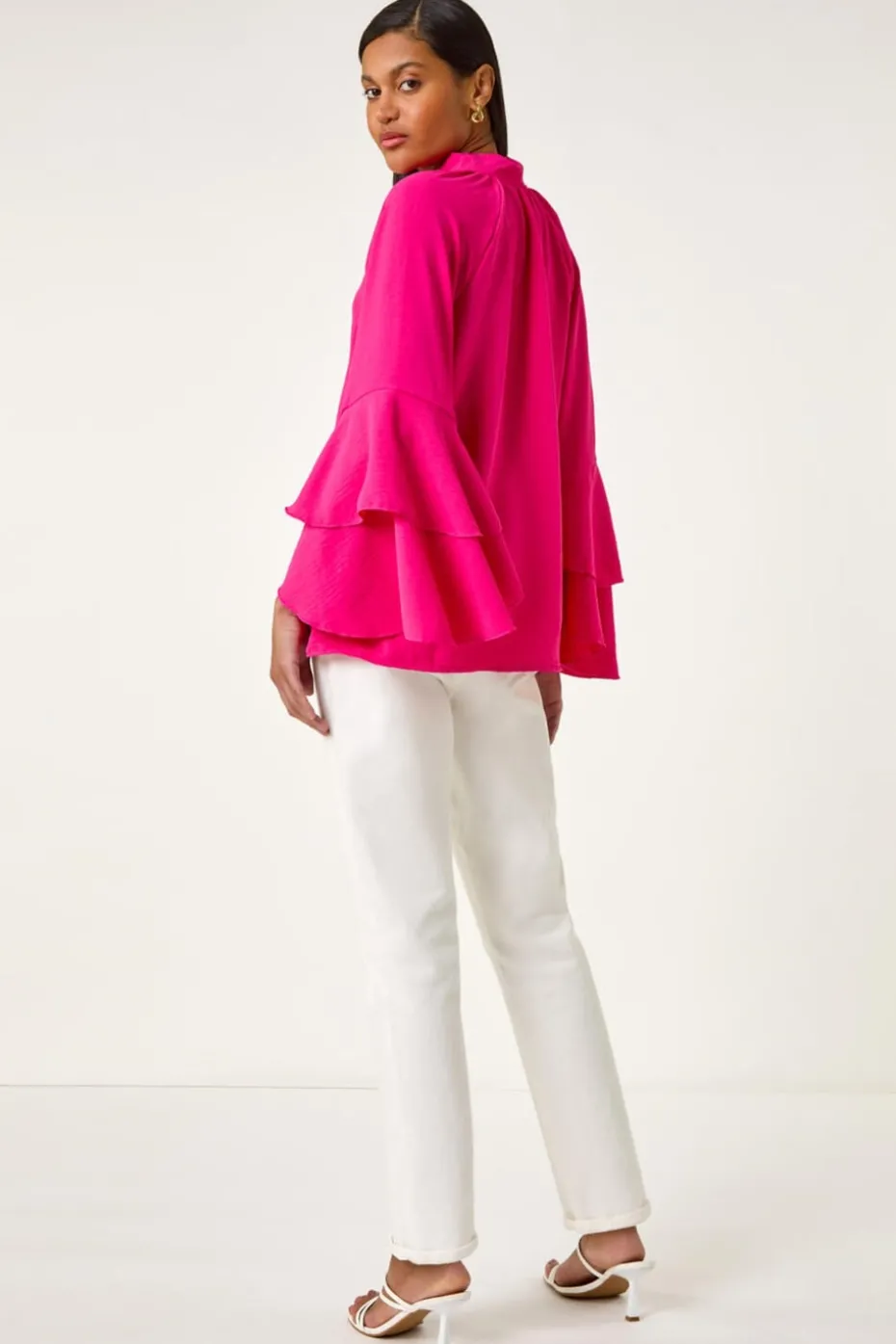 Roman Cerise Frilled Sleeve Tie Front Top