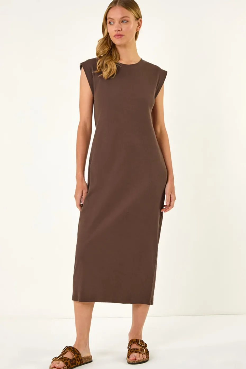 Roman Chocolate Ribbed Cap Sleeve Midi Dress