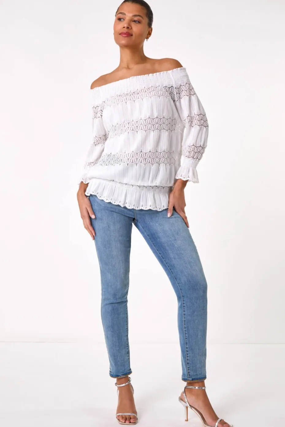 Roman Cream Lace Insert Frill Bardot Top