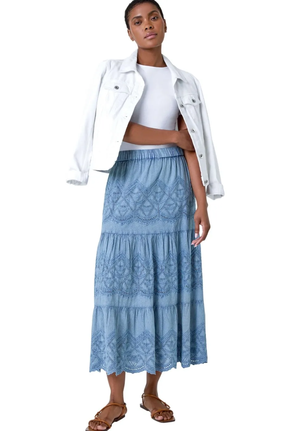 Roman Denim Broderie Elastic Waist A Line Tiered Midi Skirt