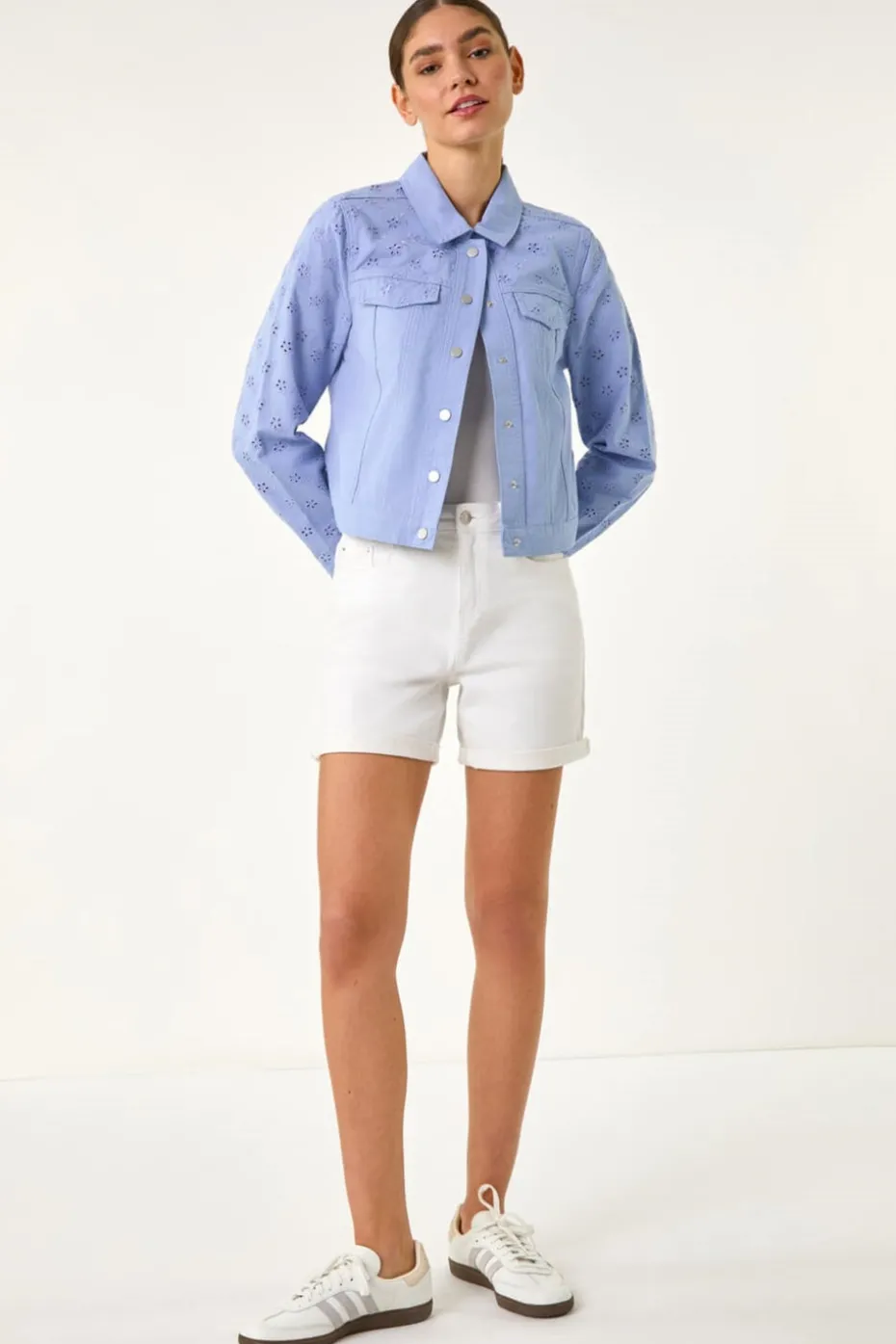 Roman Denim Cotton Blend Broderie Sleeve Jacket