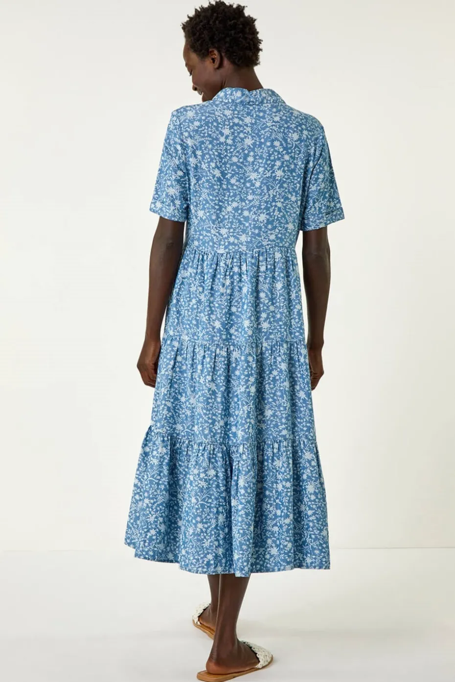 Roman Denim Floral Print Denim Smock Dress