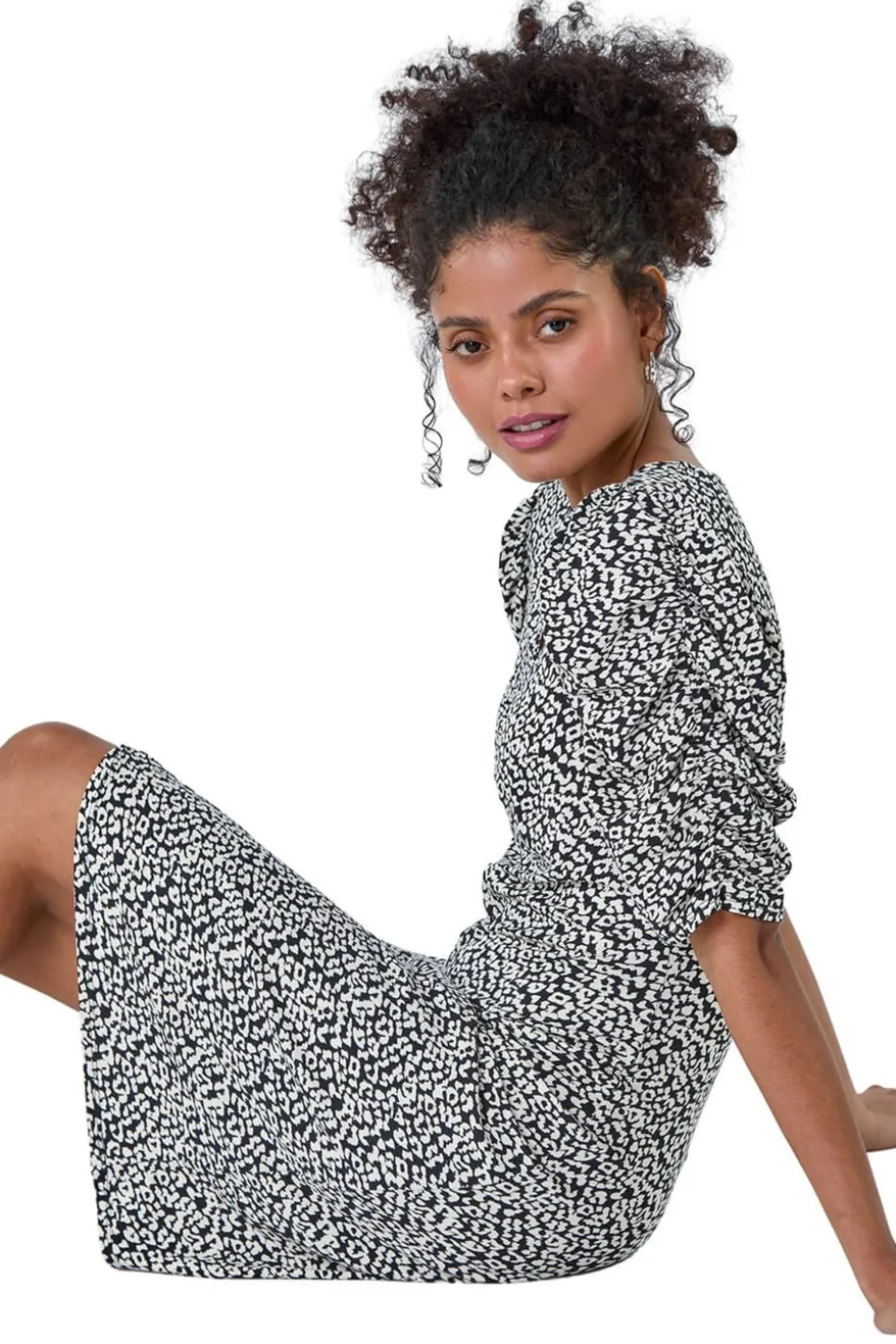 Roman Dusk Black Ditsy Floral Ruched Puff Sleeve Dress