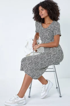 Roman Dusk Black Leopard Print Midi Stretch Dress