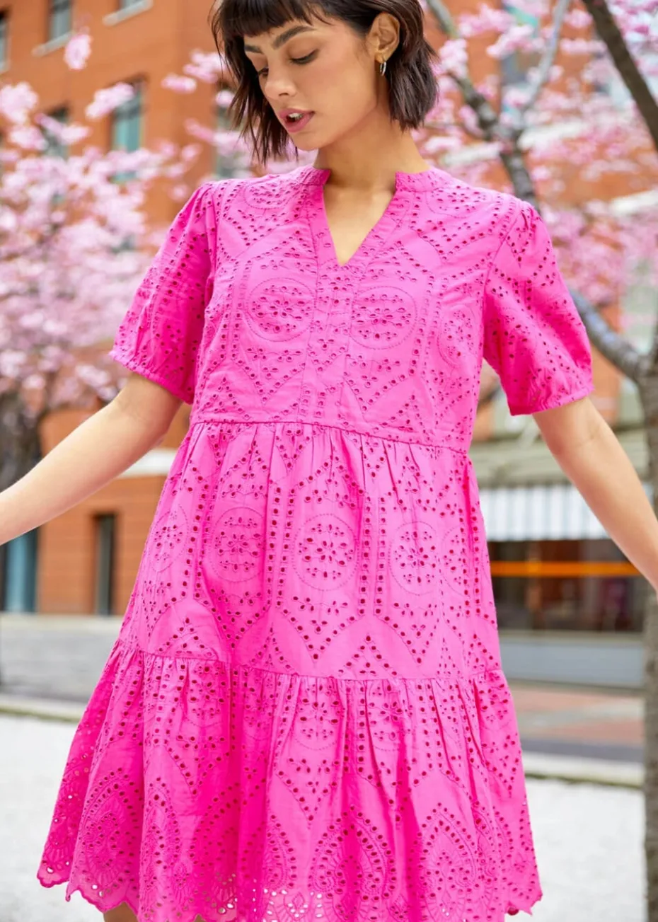 Roman Fuchsia Embroidered Tiered Cotton Smock Dress