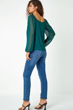 Roman Green  Contrast Chiffon Sleeve Stretch Top