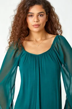 Roman Green  Contrast Chiffon Sleeve Stretch Top