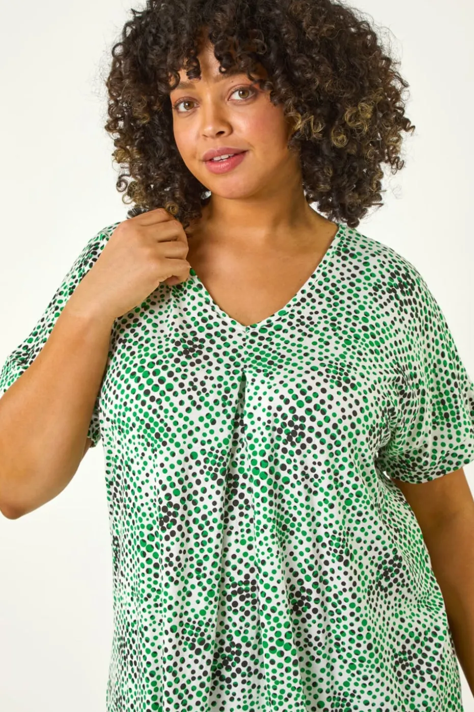 Roman Green Curve Spotted Leaf Print Stretch Top