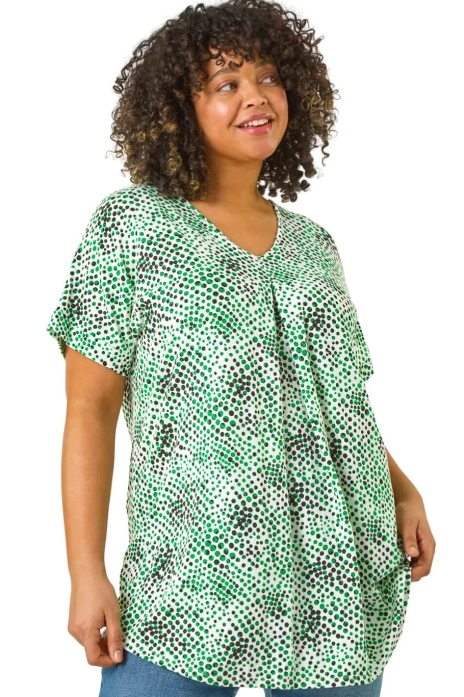 Roman Green Curve Spotted Leaf Print Stretch Top