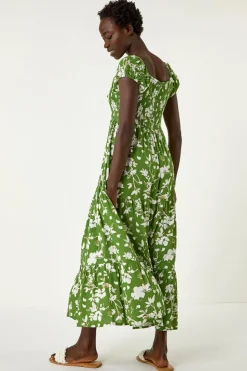 Roman Green Floral Print Tiered Maxi Dress