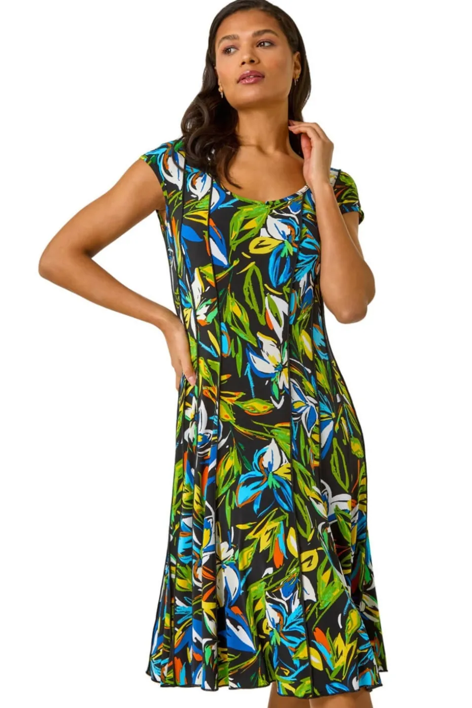Roman Green Floral Print Panel Detail Stretch Dress