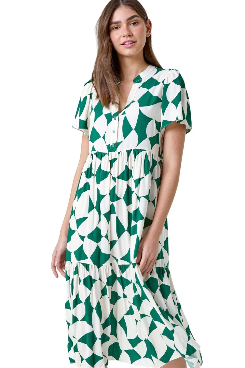 Roman Green Geometric Print Tiered Midi Dress