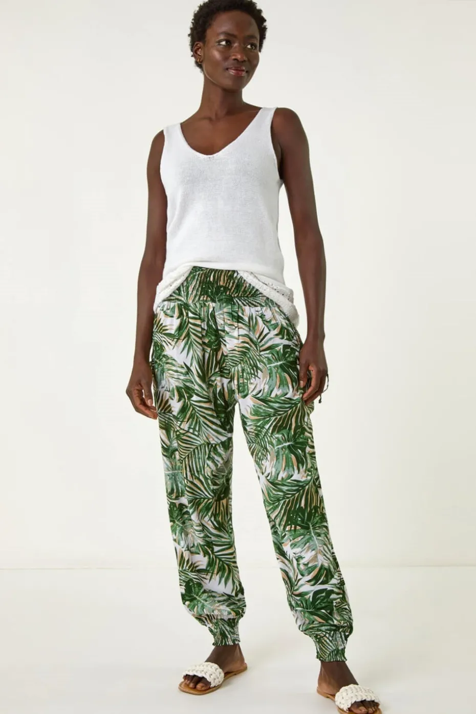 Roman Green Palm Print Tie Pocket Trousers