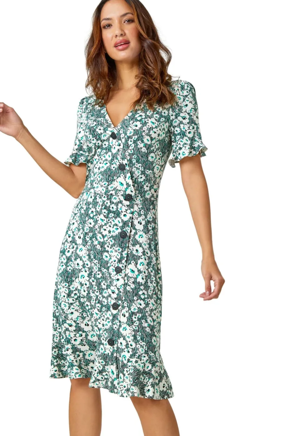 Roman Green Stretch Floral Print Button Tea Dress