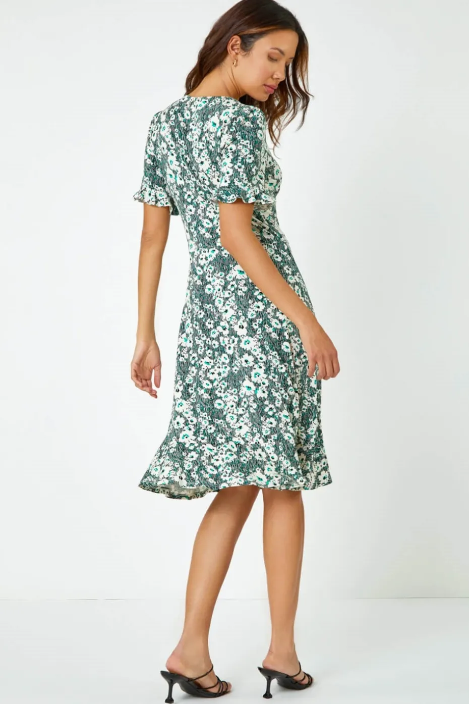 Roman Green Stretch Floral Print Button Tea Dress
