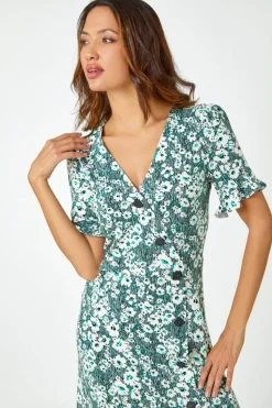 Roman Green Stretch Floral Print Button Tea Dress