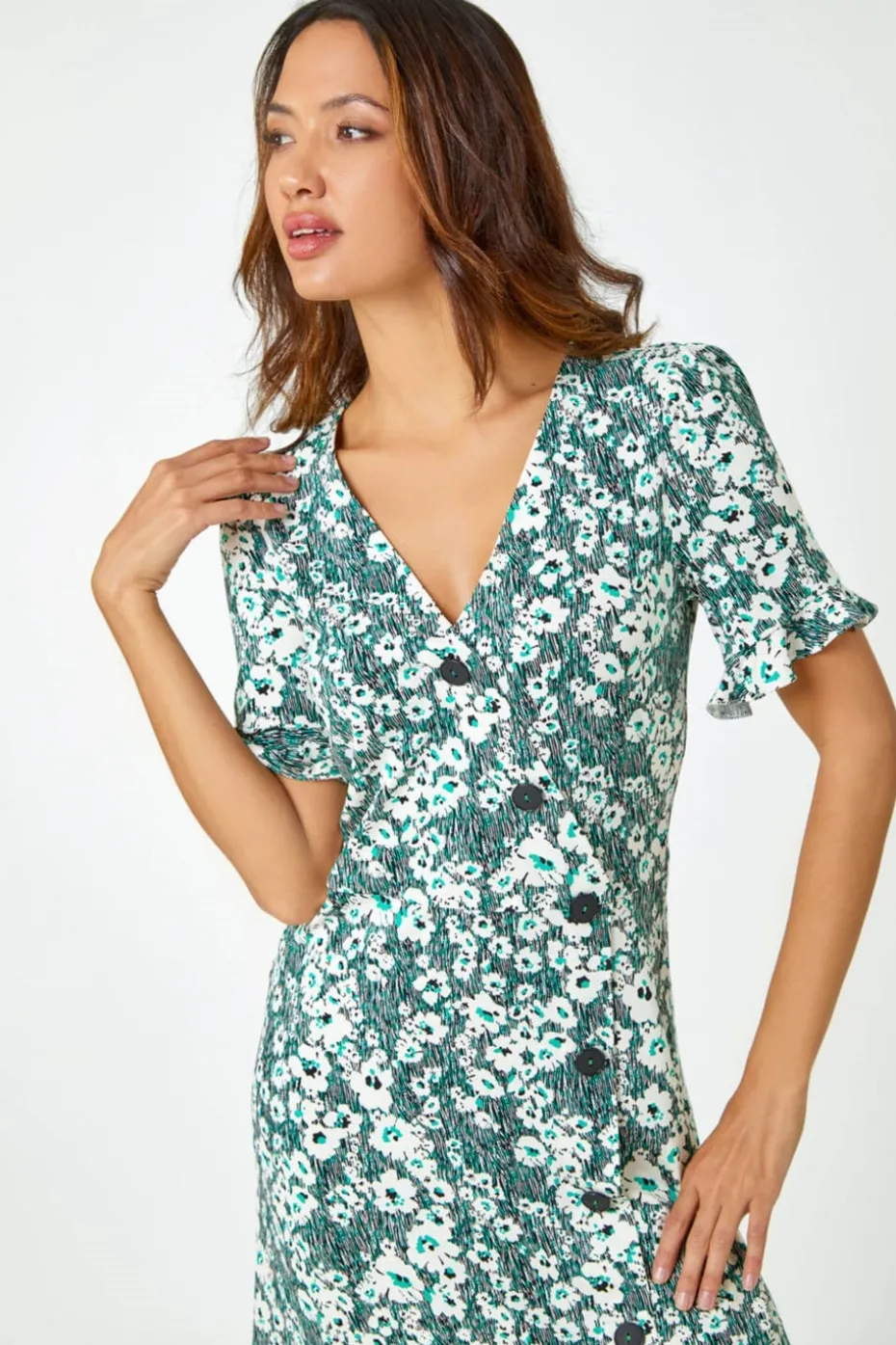 Roman Green Stretch Floral Print Button Tea Dress