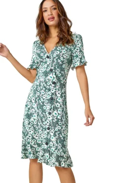 Roman Green Stretch Floral Print Button Tea Dress