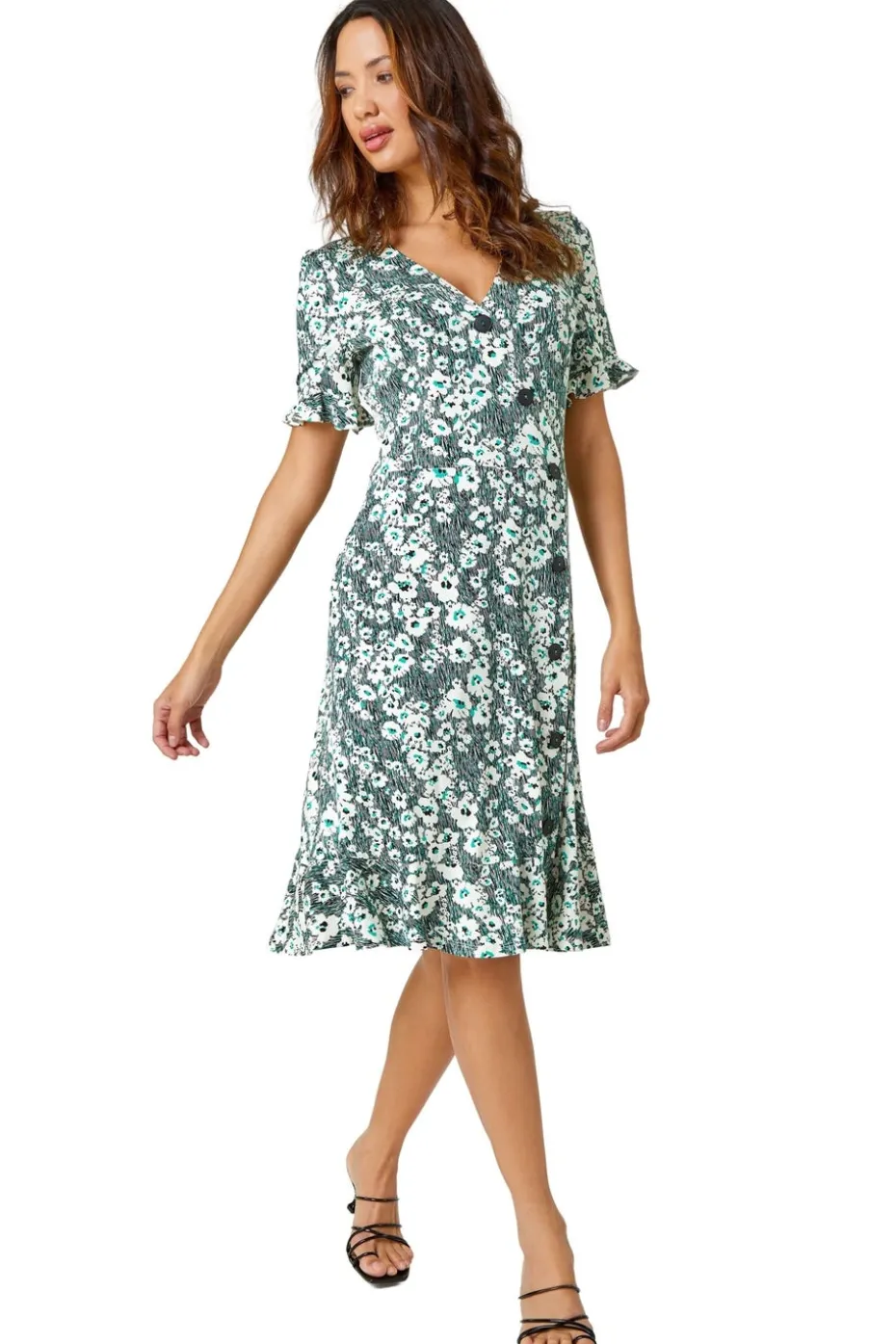 Roman Green Stretch Floral Print Button Tea Dress