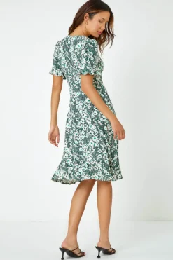 Roman Green Stretch Floral Print Button Tea Dress