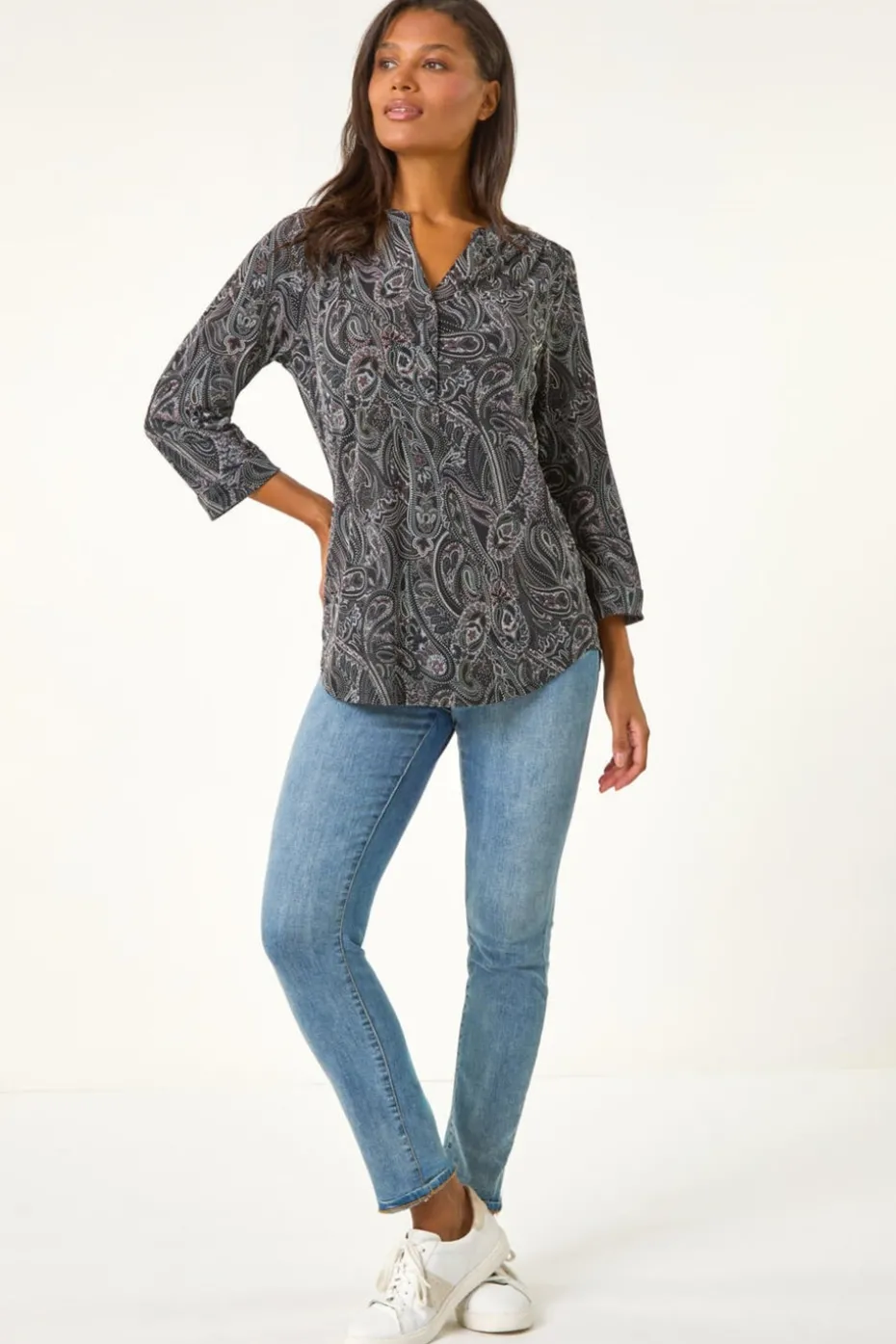 Roman Grey Textured Paisley Print Stretch Blouse