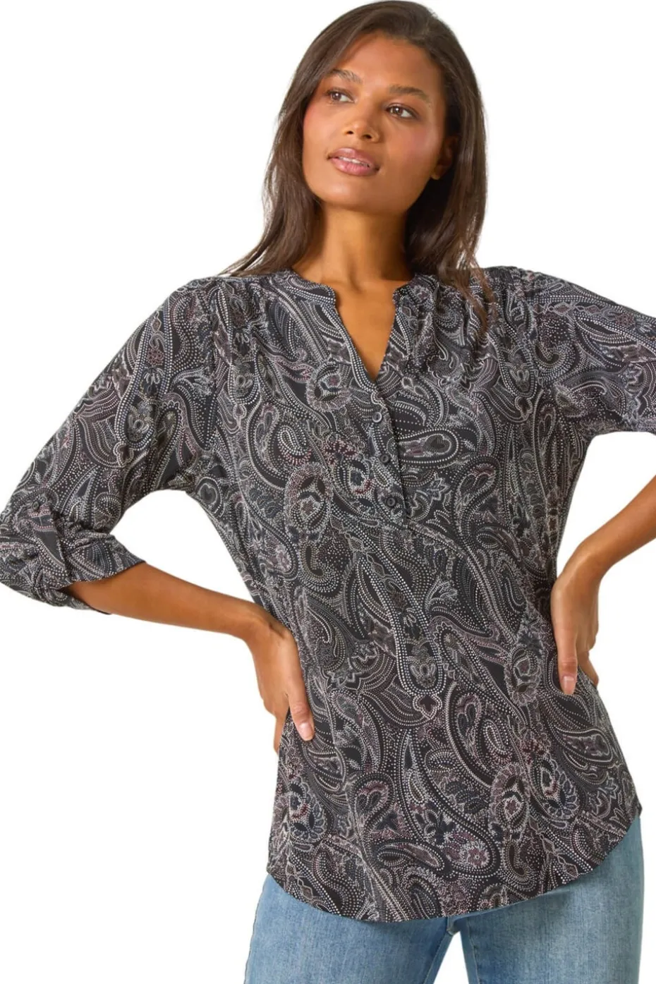 Roman Grey Textured Paisley Print Stretch Blouse