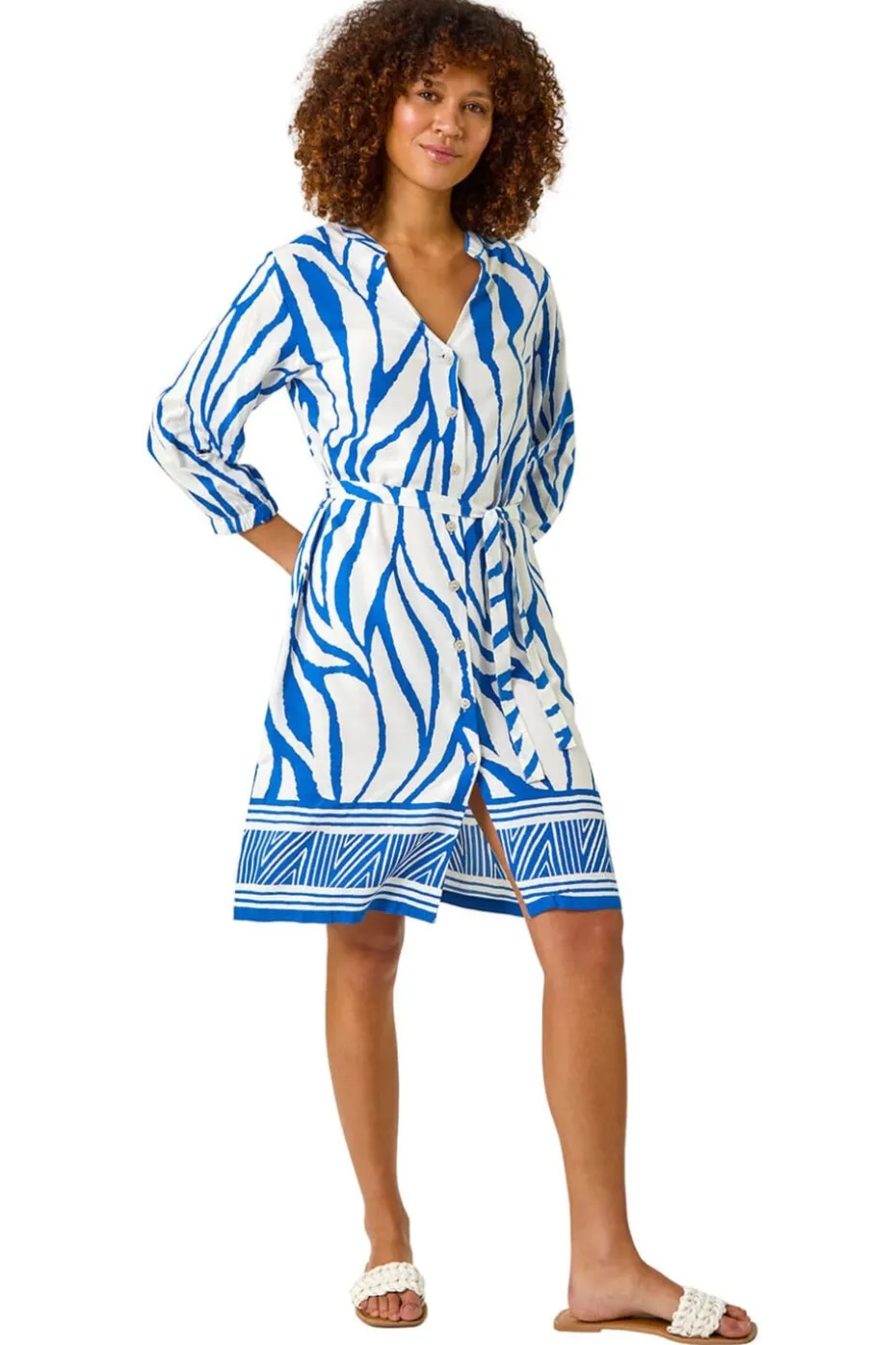 Roman Ink Blue Abstract Border Tie Shirt Dress